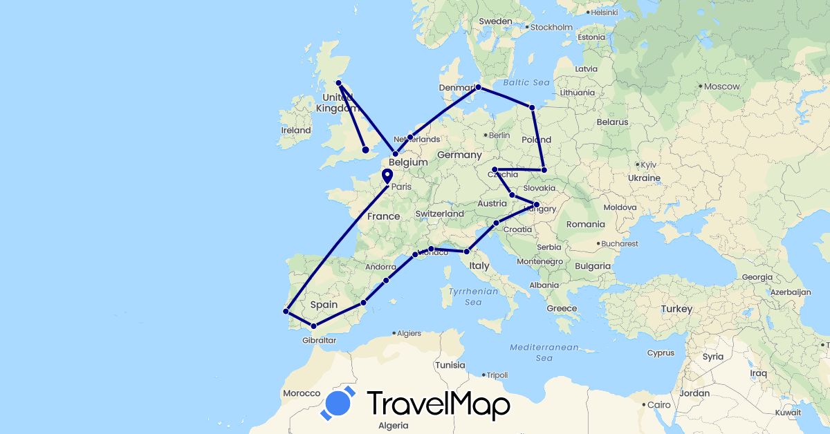 TravelMap itinerary: driving in Austria, Belgium, Czech Republic, Denmark, Spain, France, United Kingdom, Hungary, Italy, Netherlands, Poland, Portugal, Slovenia (Europe)